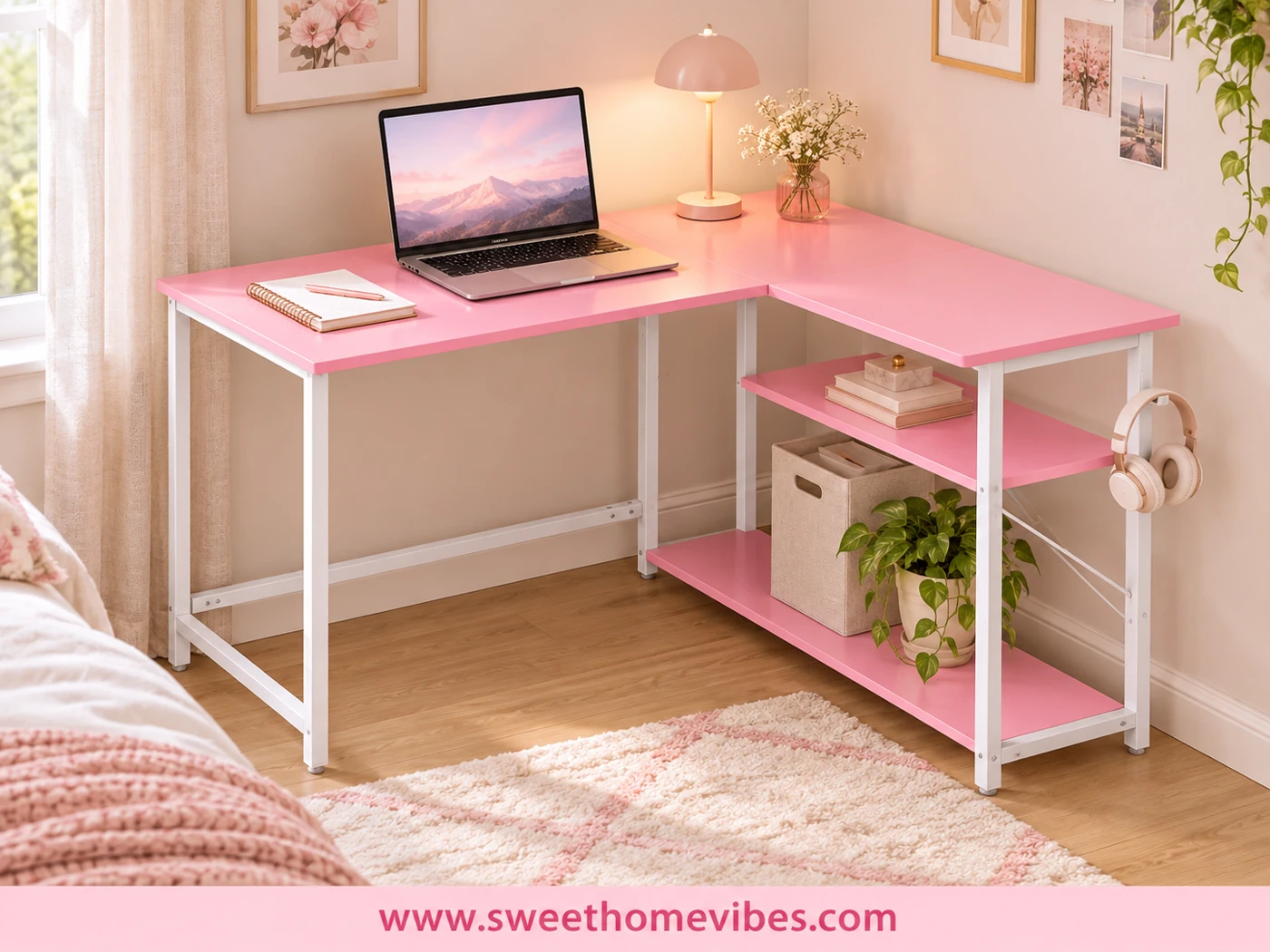 Pink L-shaped corner desk with white frame and reversible storage shelves in a small bedroom workspace