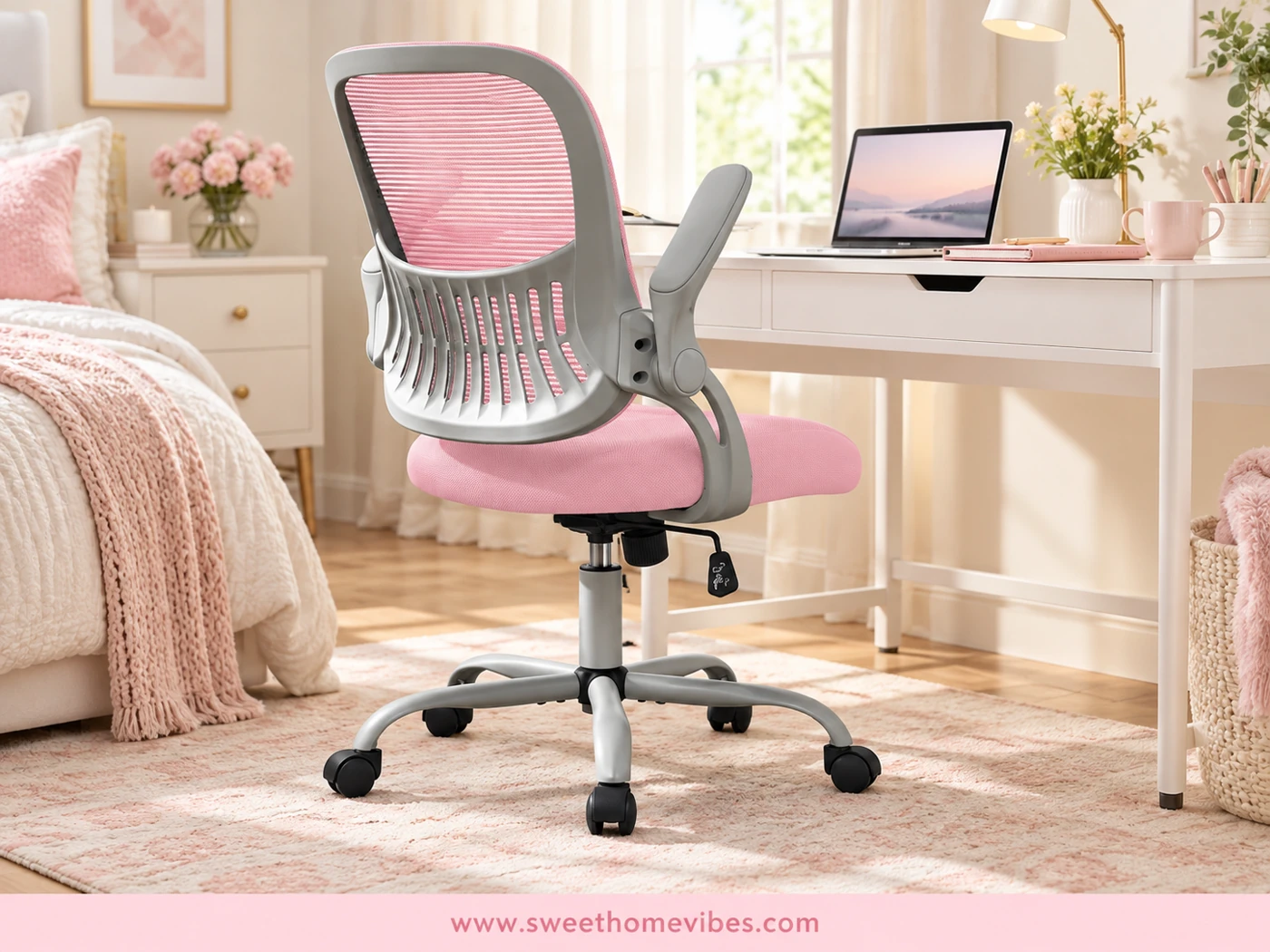 Pink mesh swivel desk chair with flip-up armrests beside a home office desk