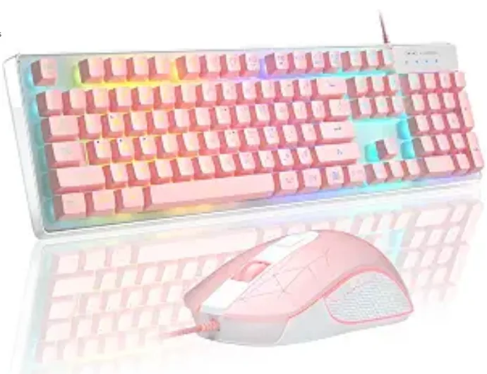Pink and white RGB keyboard with matching wired gaming mouse
