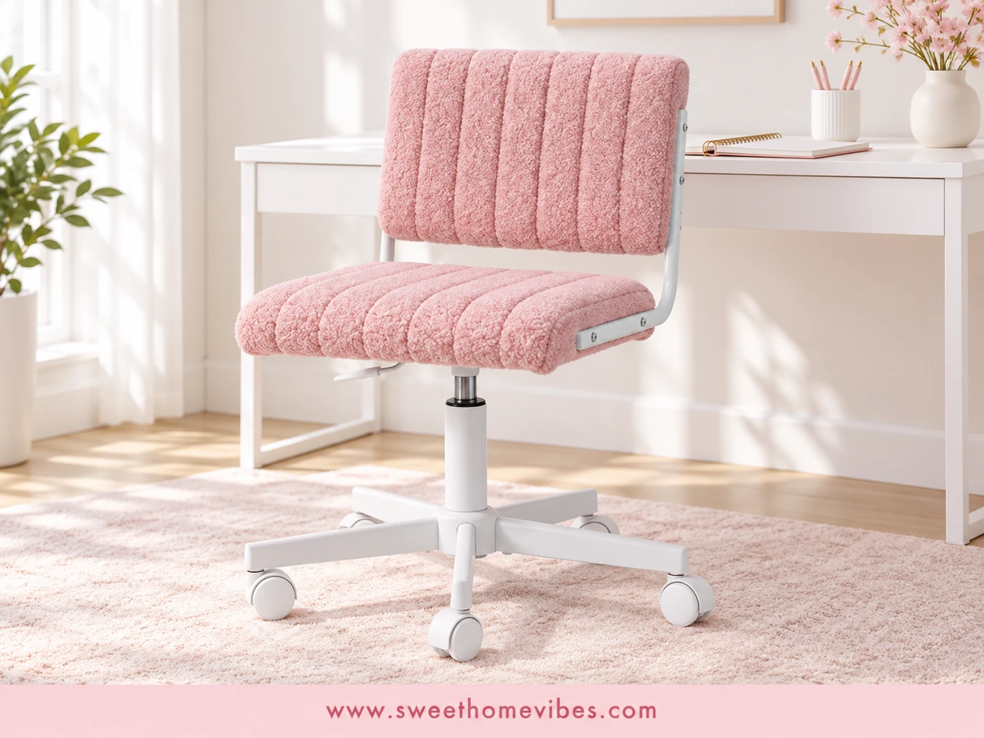 Pink ribbed armless upholstered desk chair beside a minimalist white desk