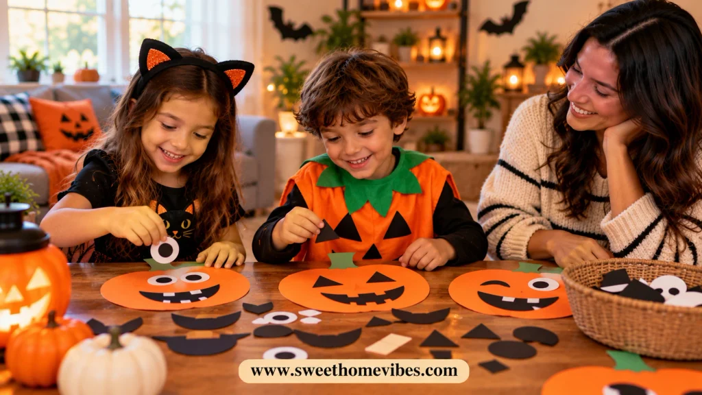 Two kids creating funny pumpkin faces with paper eyes, mouths, and noses while enjoying a Halloween craft activity at home.