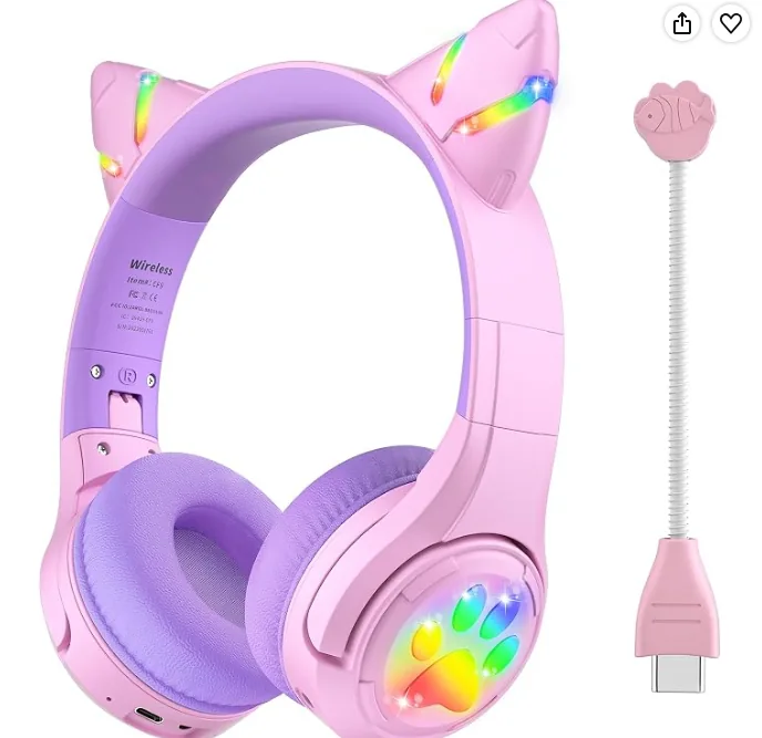 Purple and pink cat-ear headphones with illuminated paw designs
