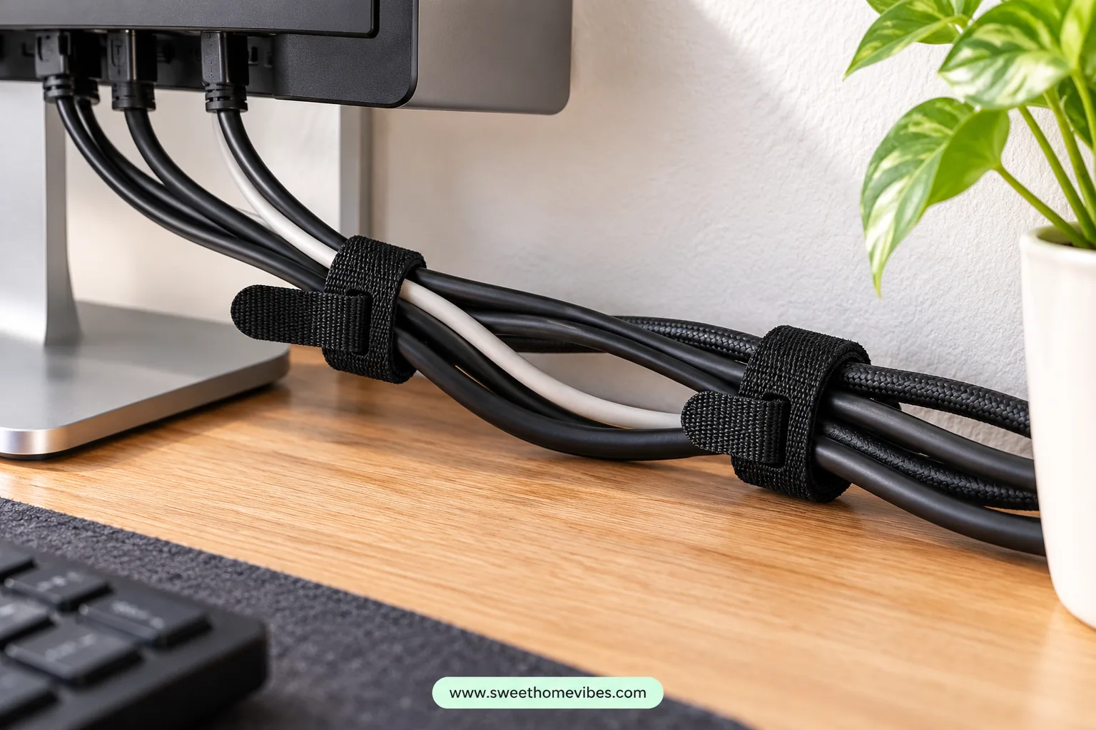 Reusable black cable ties securing computer cables behind a monitor