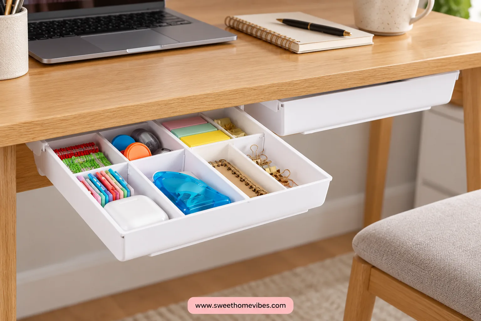 White under-desk drawers separating pens and sticky notes beneath a wooden desk
