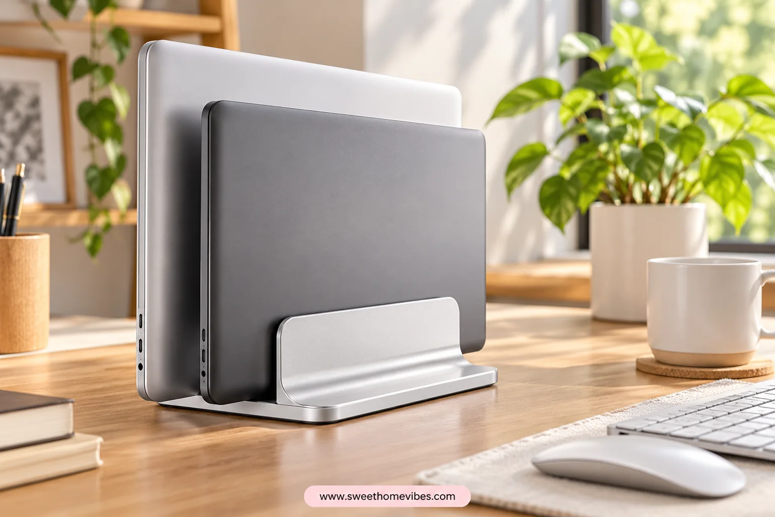 Silver dual-slot stand storing two closed laptops vertically on a desk