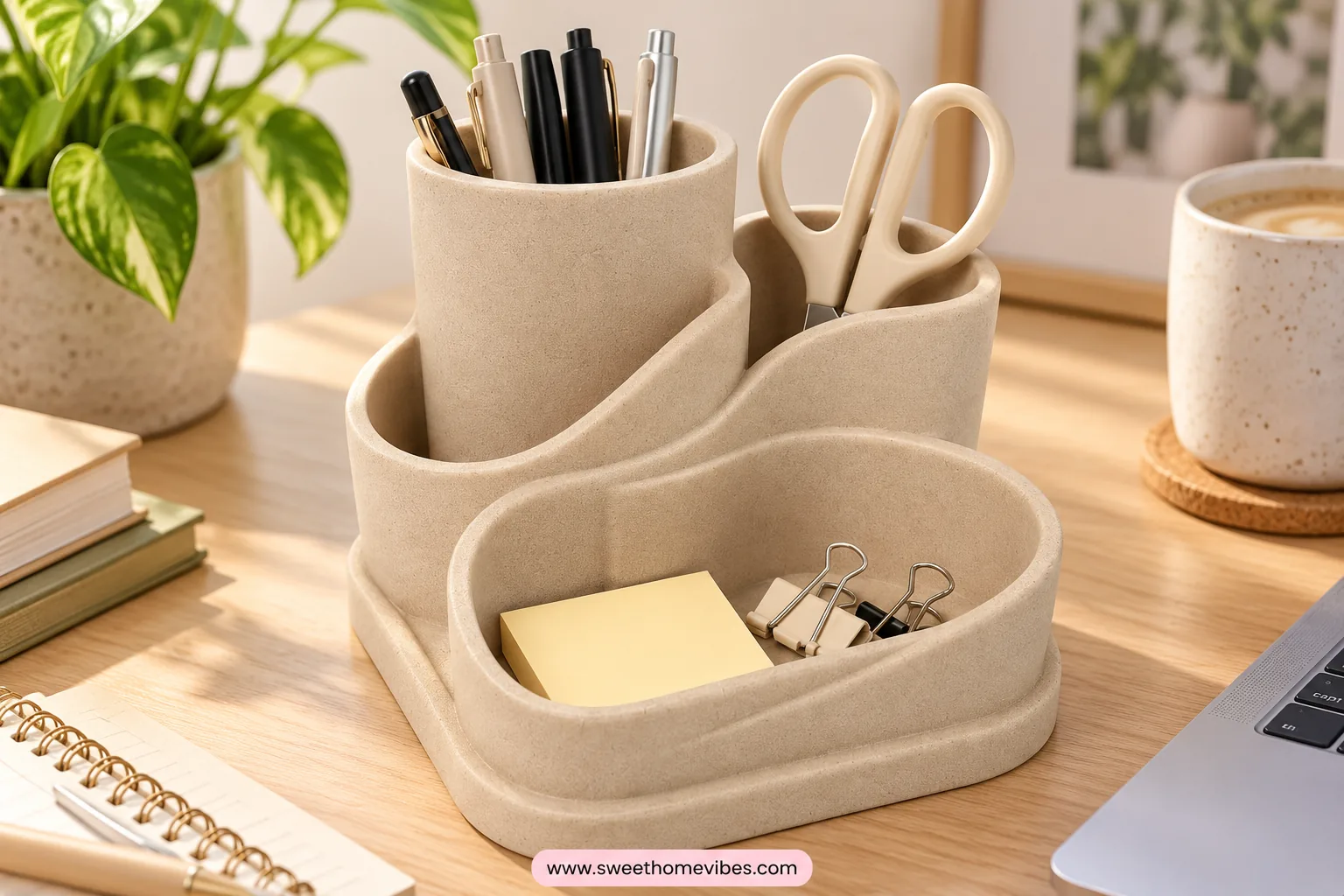 Beige resin desk caddy organizing pens, scissors, sticky notes, and clips