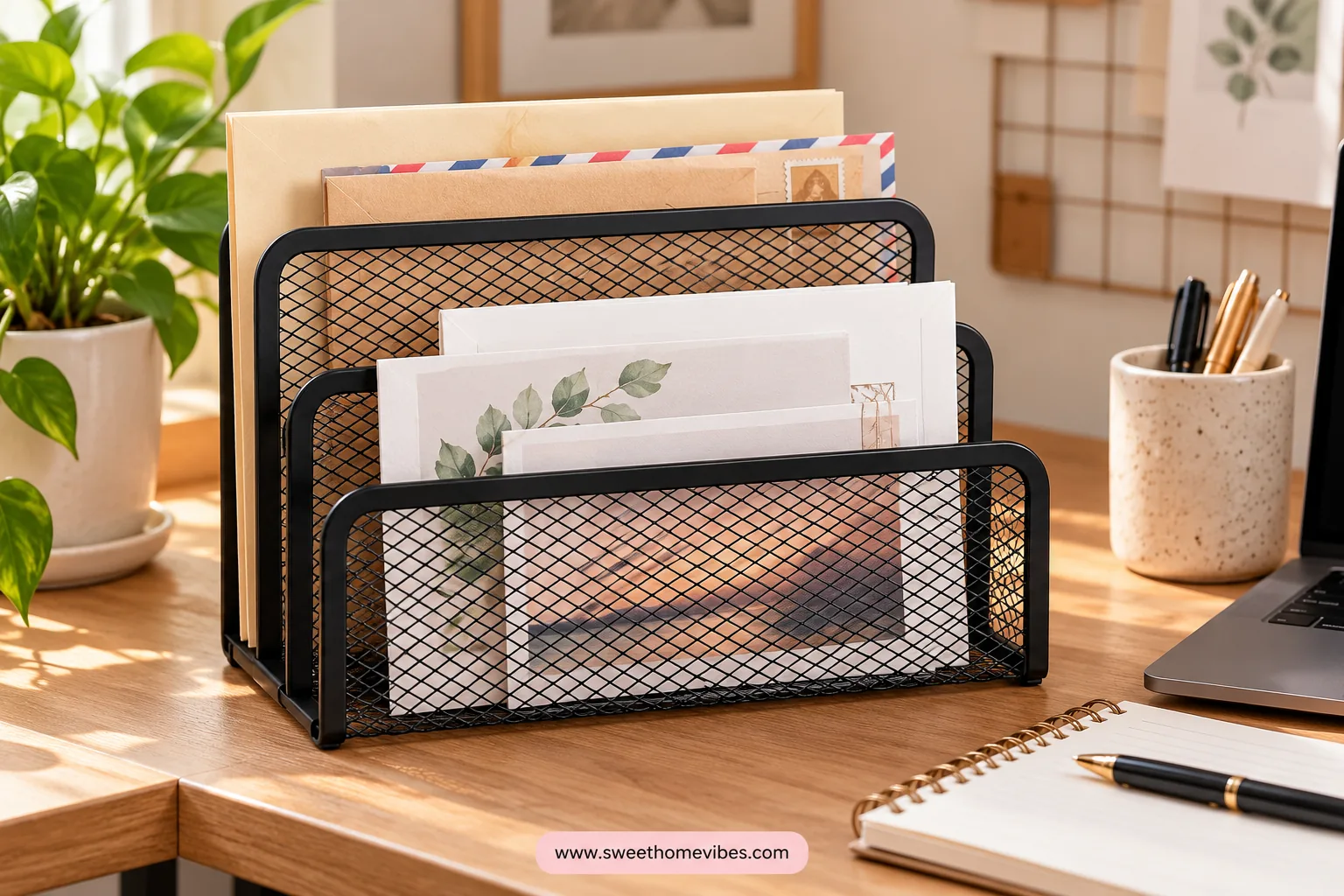 Black three-slot mesh mail organizer holding envelopes upright on a compact desk