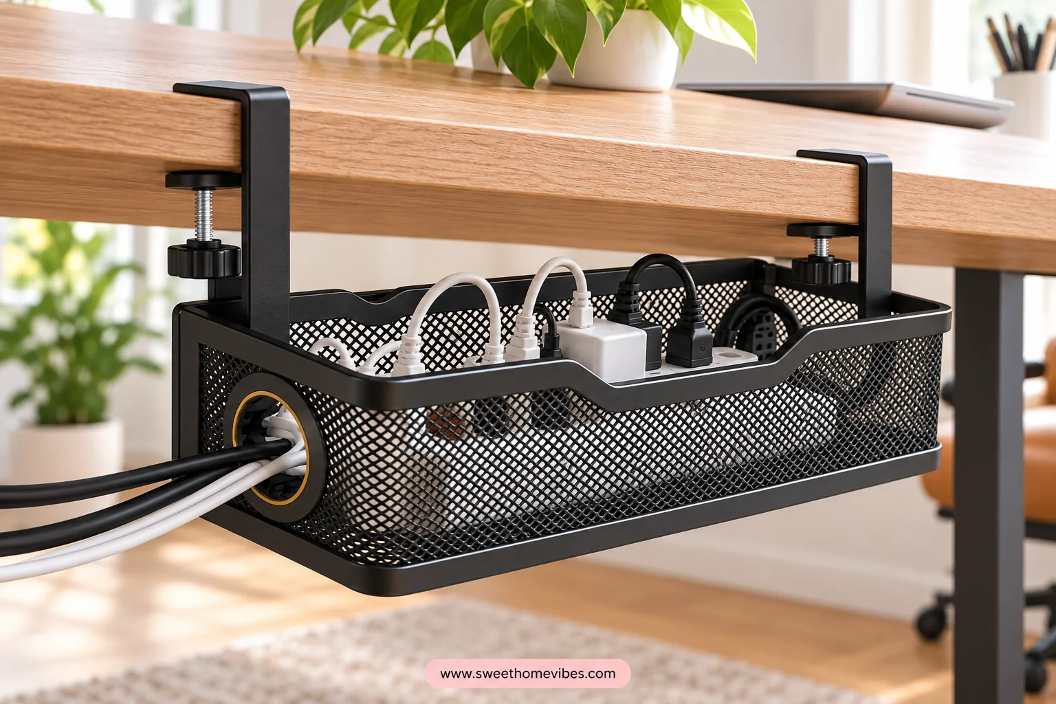 Black clamp-on cable tray routing a power strip and loose wires beneath a desk