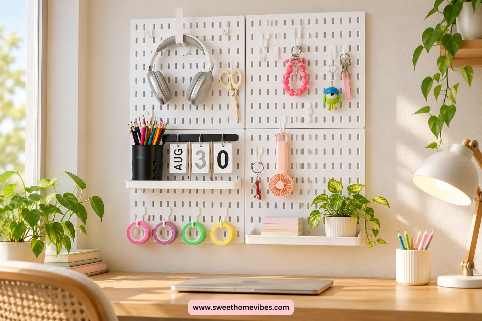 Four white pegboard panels holding lightweight stationery above a home desk