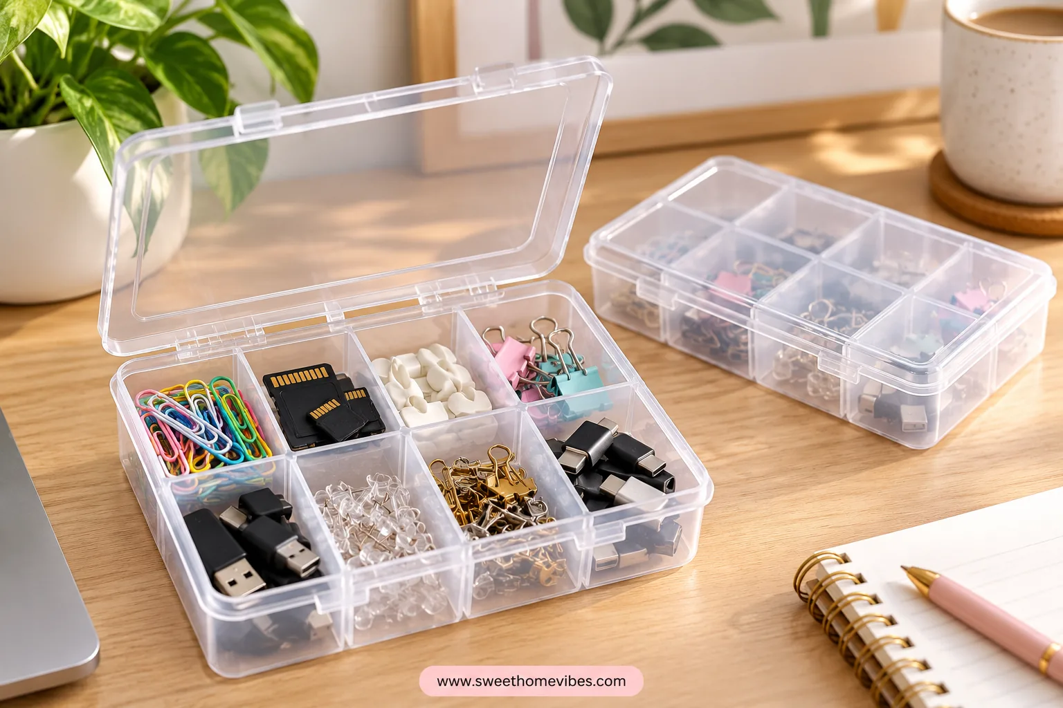 Clear compartment boxes separating paper clips, memory cards, and small adapters