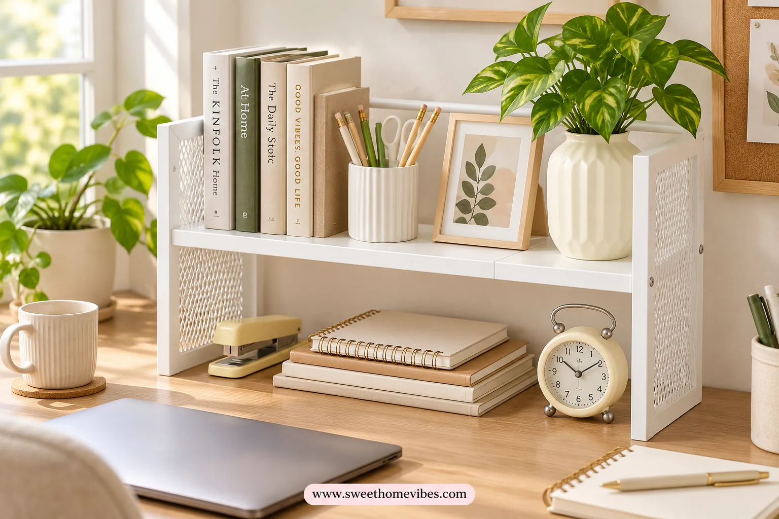 White expandable desktop shelf storing books above a clear working surface