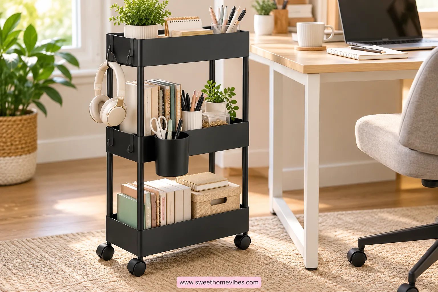 Slim black rolling cart holding notebooks and stationery beside a small desk