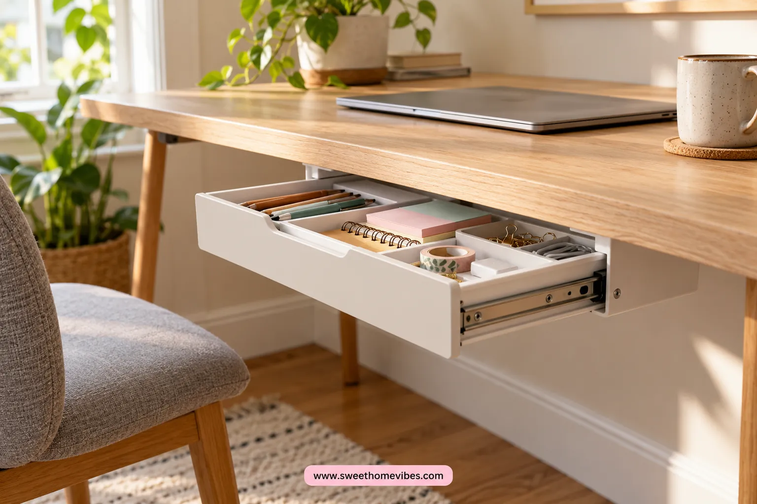 Shallow under-desk drawer storing pens and sticky notes beneath a compact desk