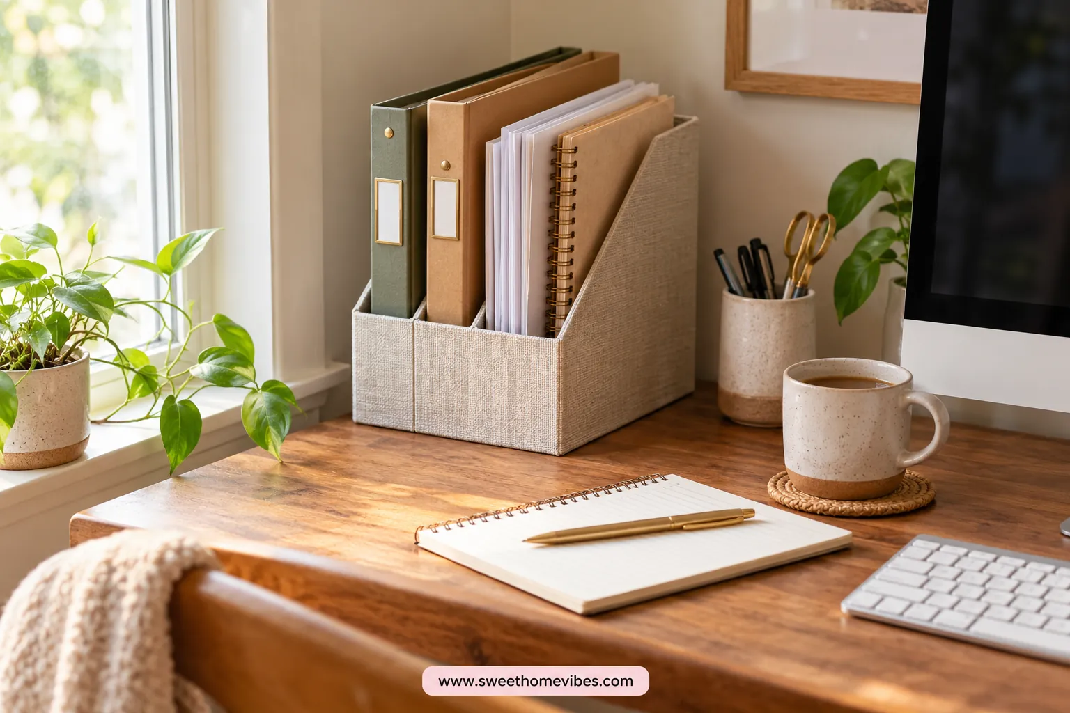 Narrow vertical file holder keeping paperwork upright on a small desk