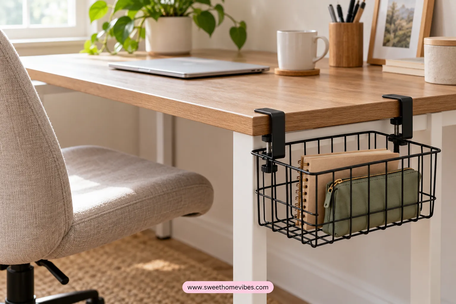 Clamp-on basket adding storage to the side of a small desk