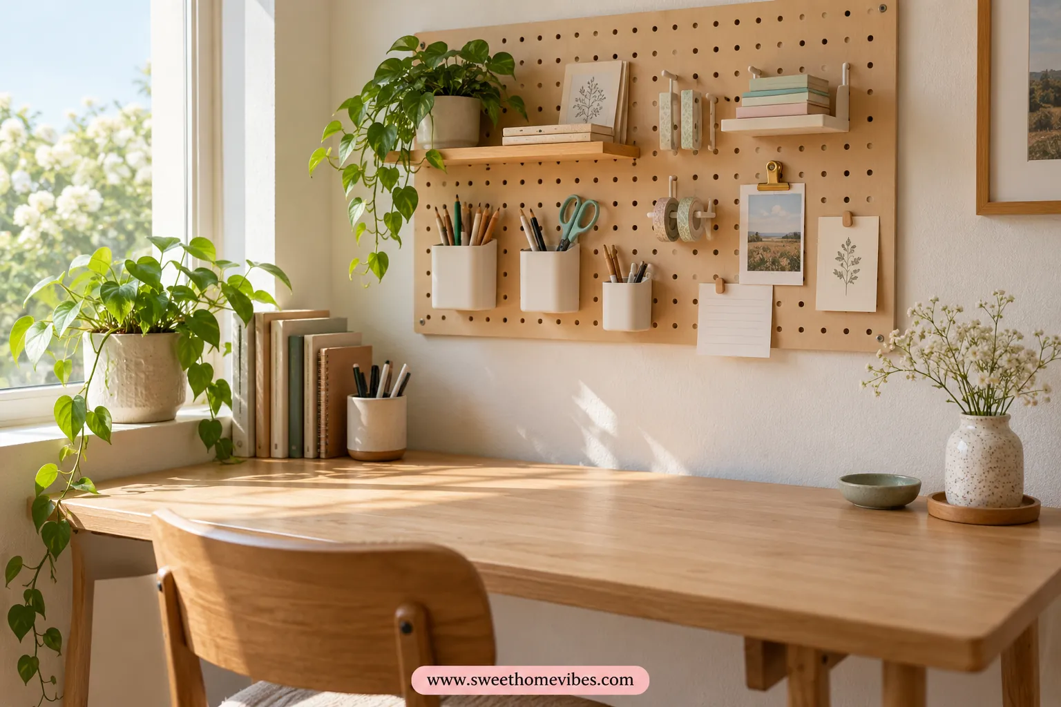 Compact pegboard storing stationery above a clear home desk