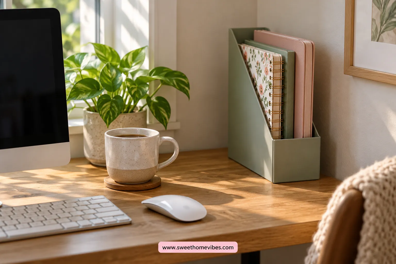 Notebooks and a planner stored upright in a narrow desk holder