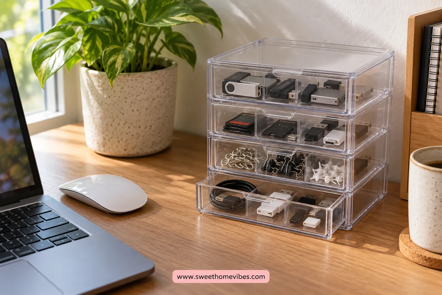 Stackable shallow compartments separating small desk accessories