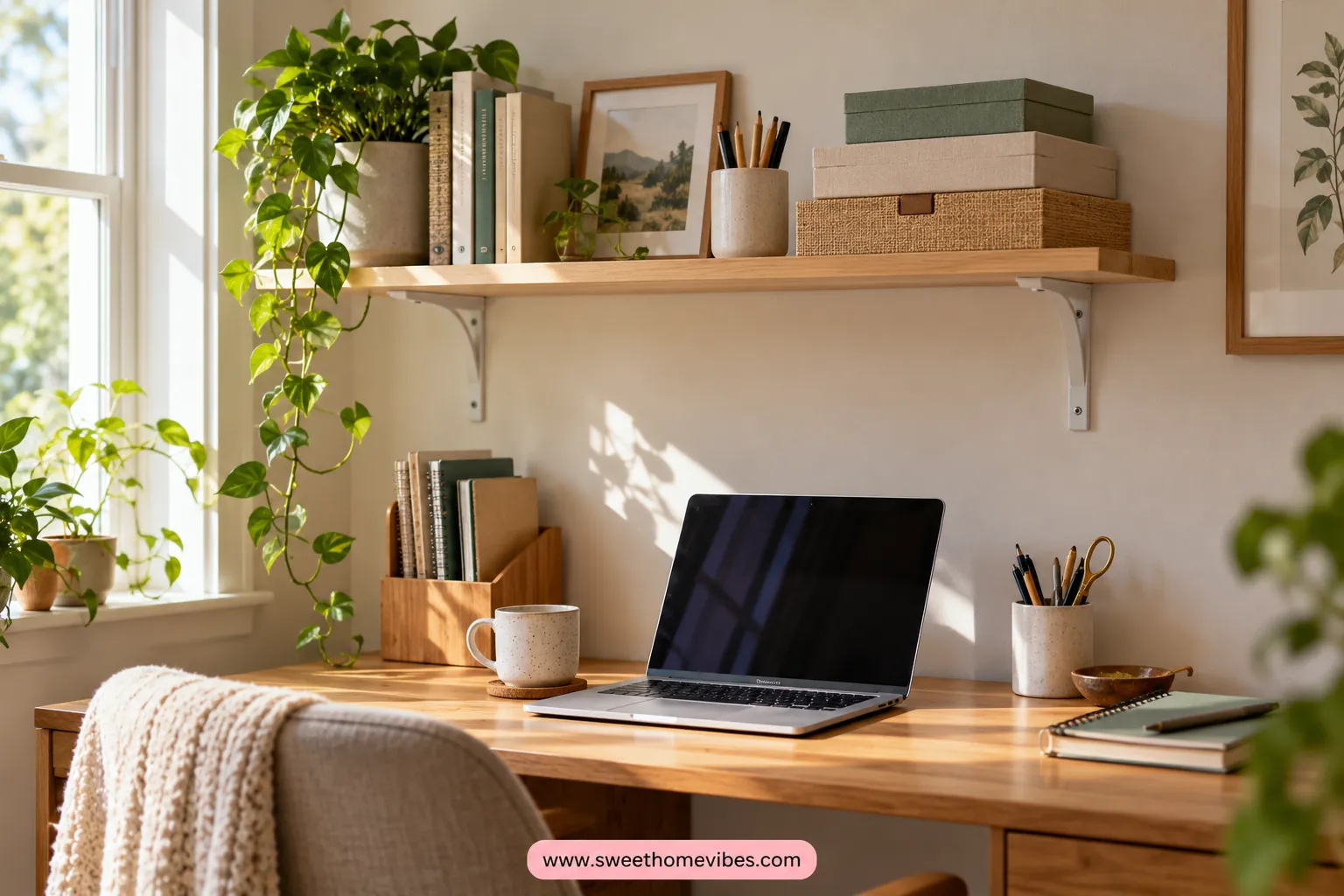 Narrow wall shelf holding occasional supplies above a small desk