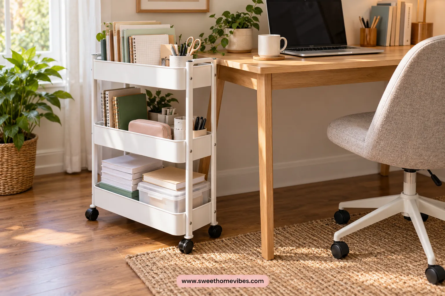 Slim rolling cart storing folders and supplies beside a compact desk