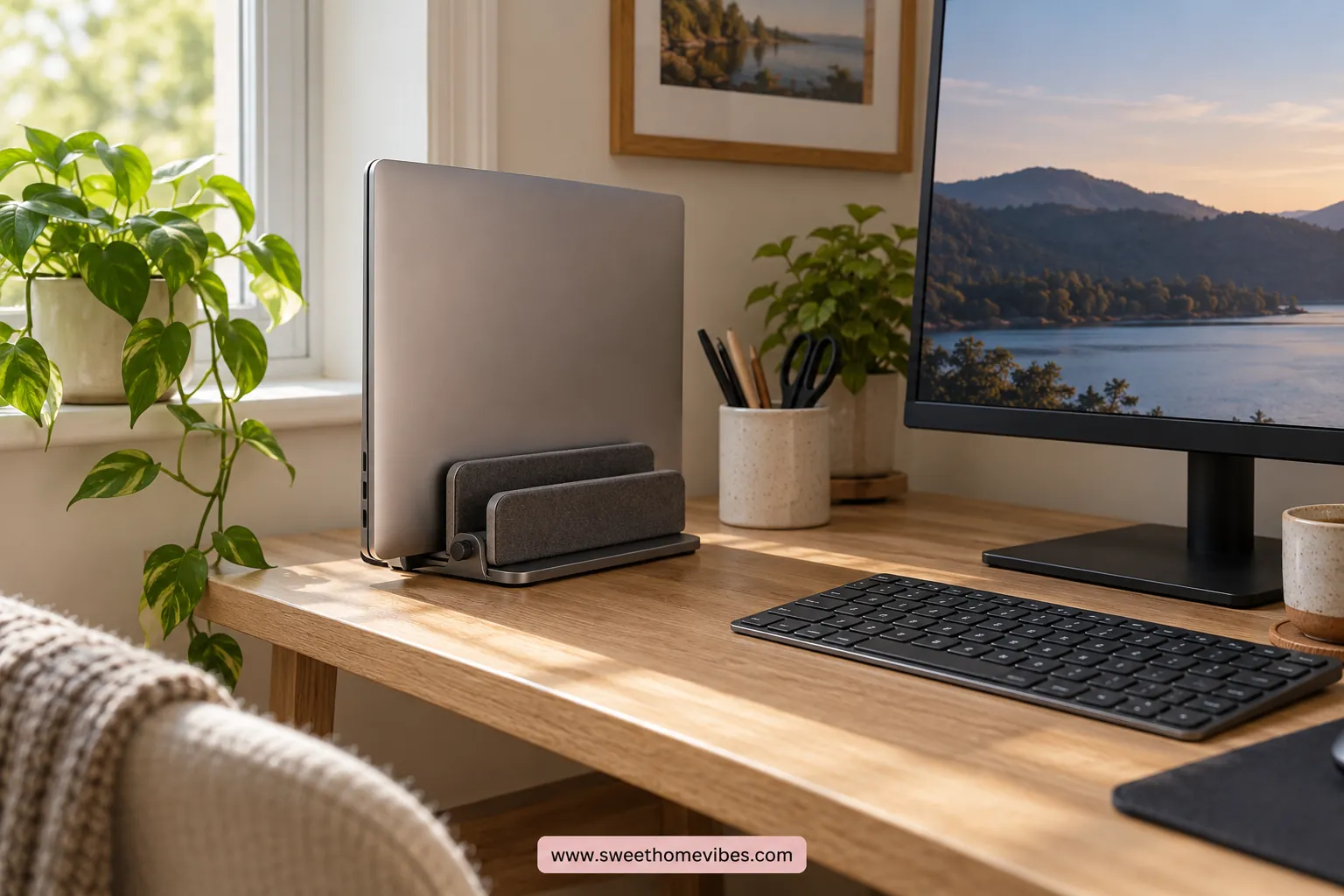 Closed laptop stored upright in a padded vertical stand