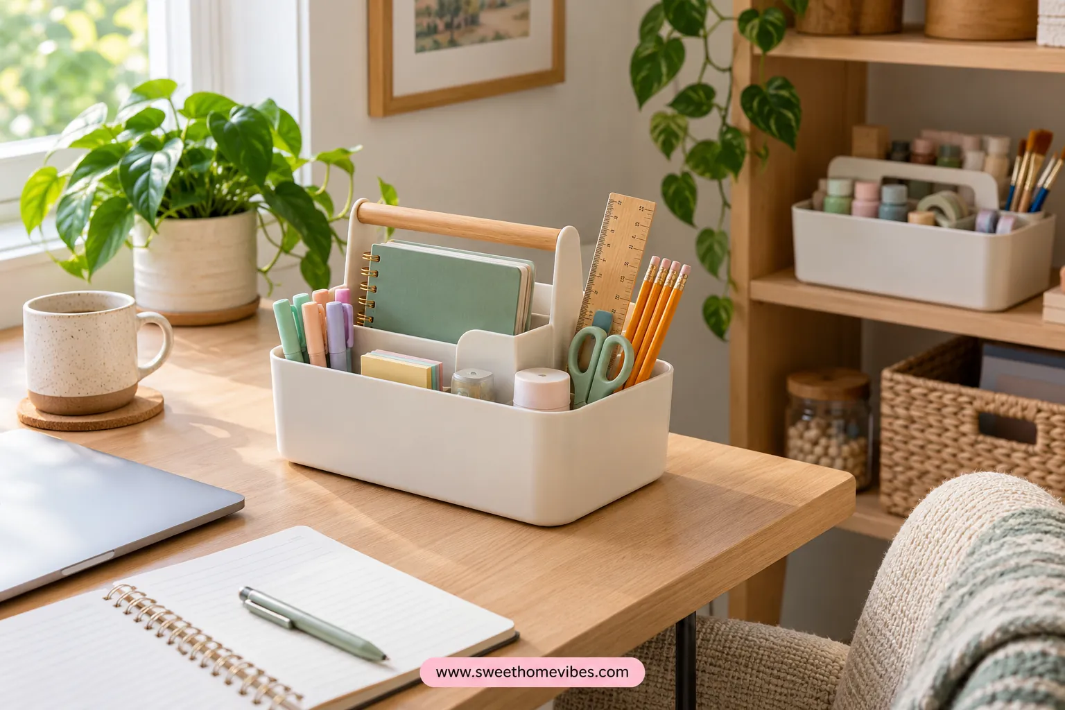 Portable handled supply caddy for a shared multipurpose desk
