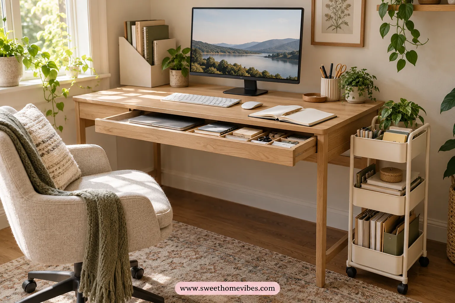 Organized small desk with an under-desk drawer, upright files, and a slim cart
