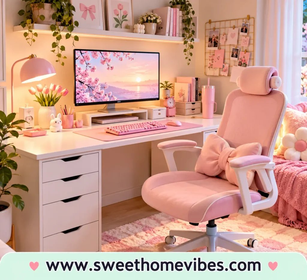 Cute soft pink desk setup for girls featuring a white desk with drawers, pink ergonomic chair, pastel keyboard, matching desk accessories, warm lighting, and feminine bedroom decor.