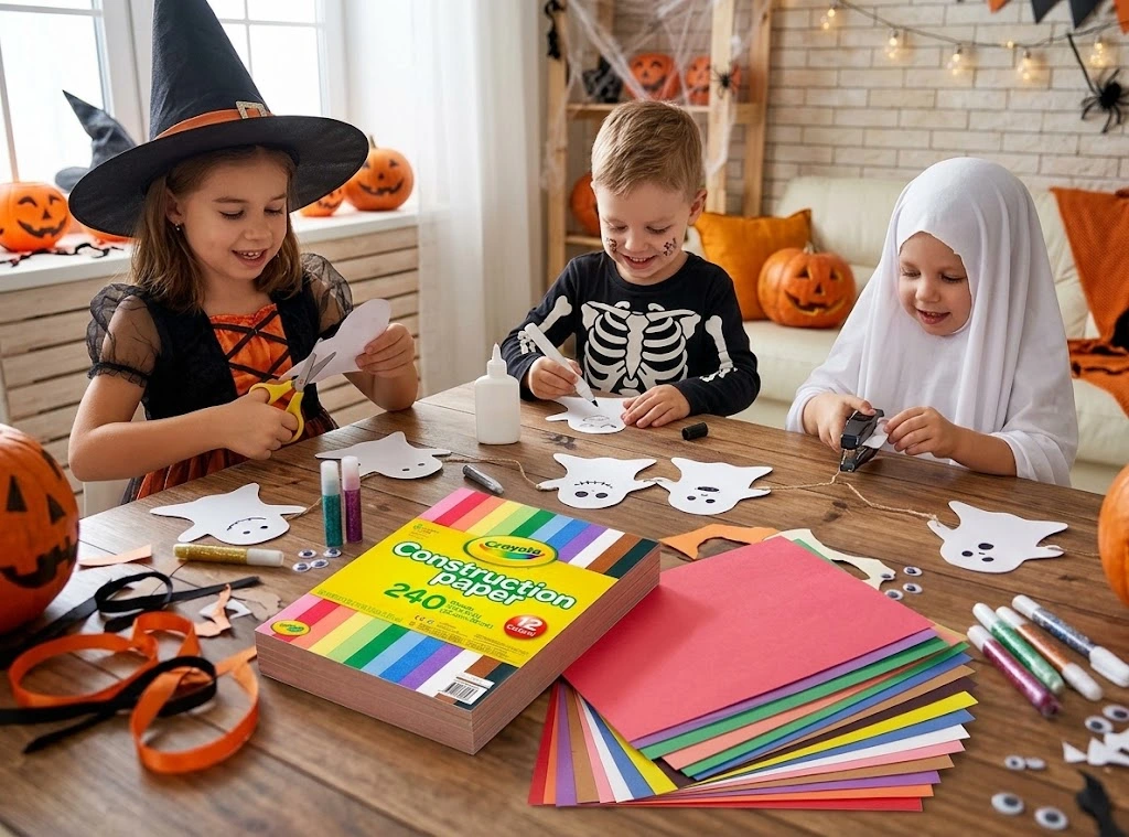 Children making Halloween crafts with colorful construction paper