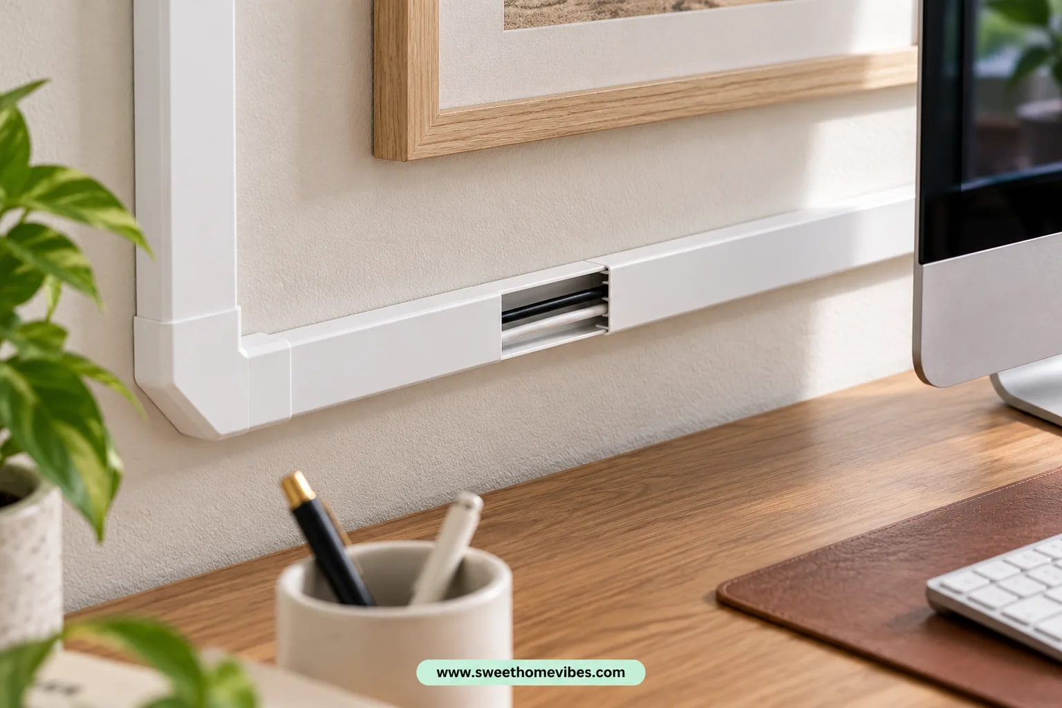 White adhesive raceway hiding cables behind a home office desk