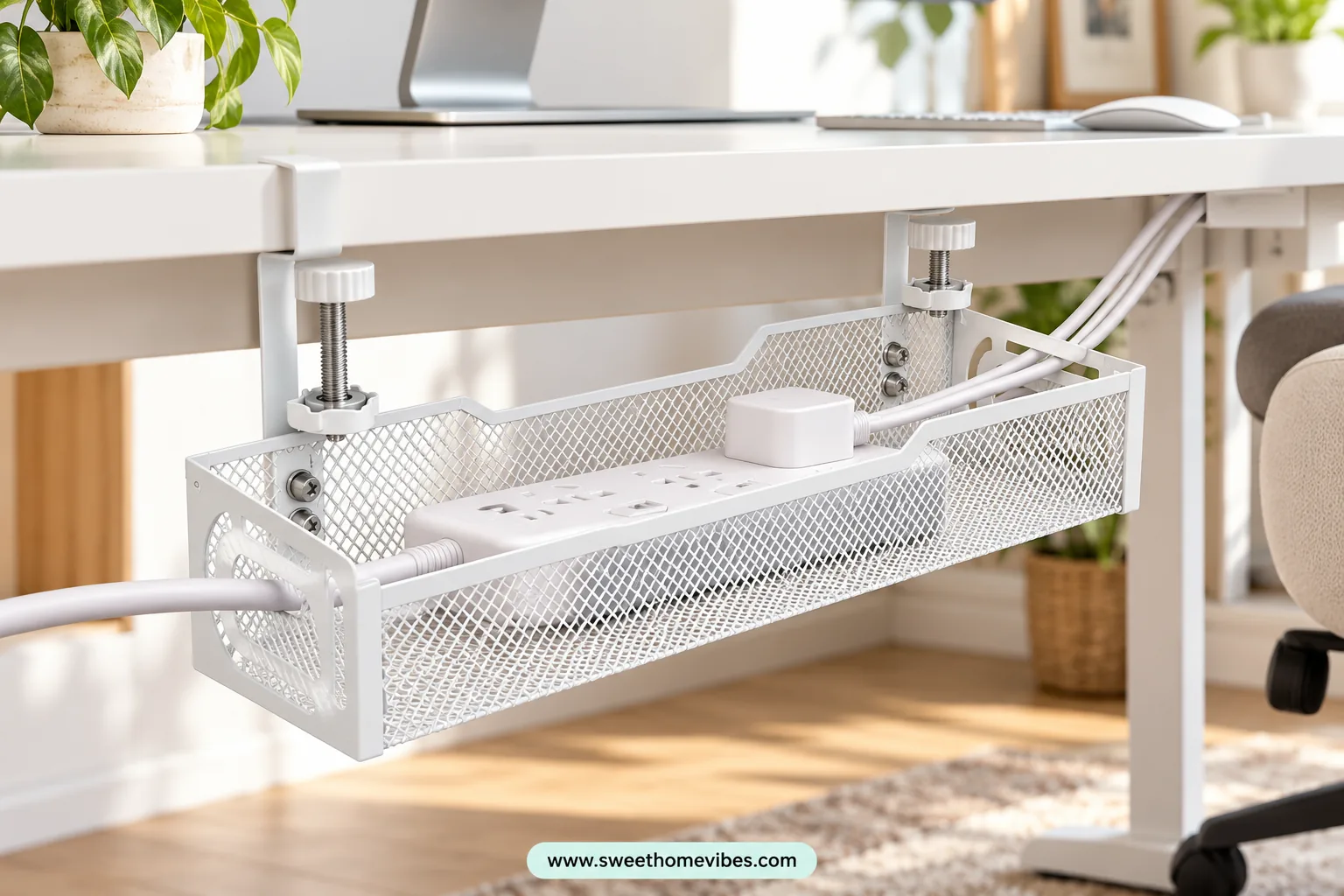 White clamp-on tray holding a power strip beneath a desk