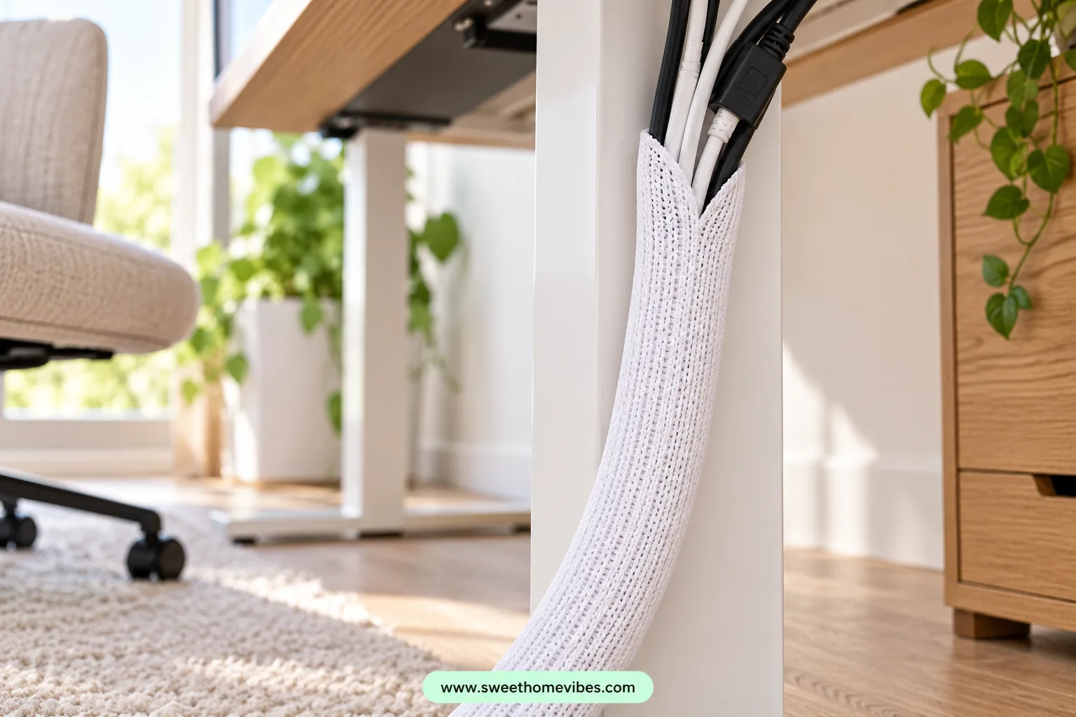 White split cable sleeve gathering wires behind a desk leg