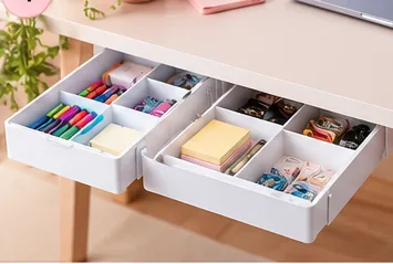 White under-desk storage drawers organizing small office supplies